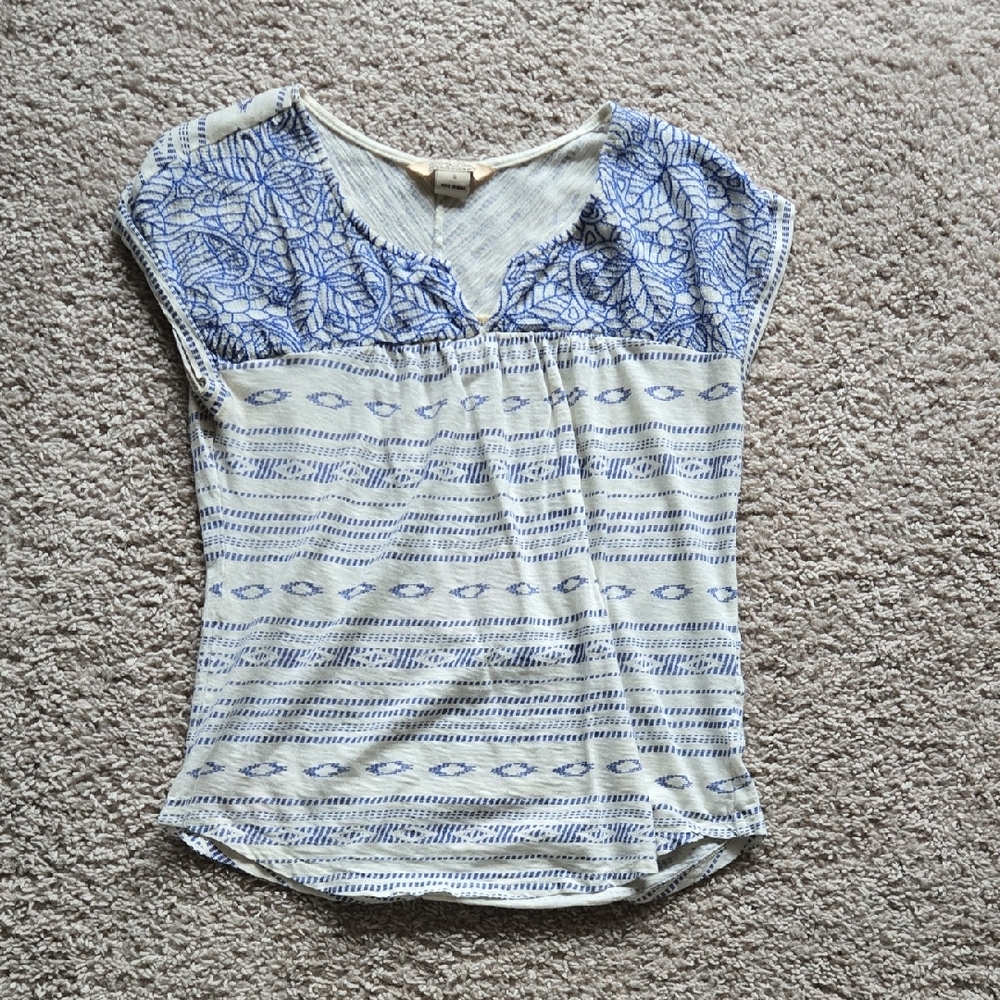 Lucky Brand Cream Top with Blue Floral Yoke and Stripe Print